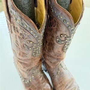 Brown Studded Heeled Boots - Genuine Leather